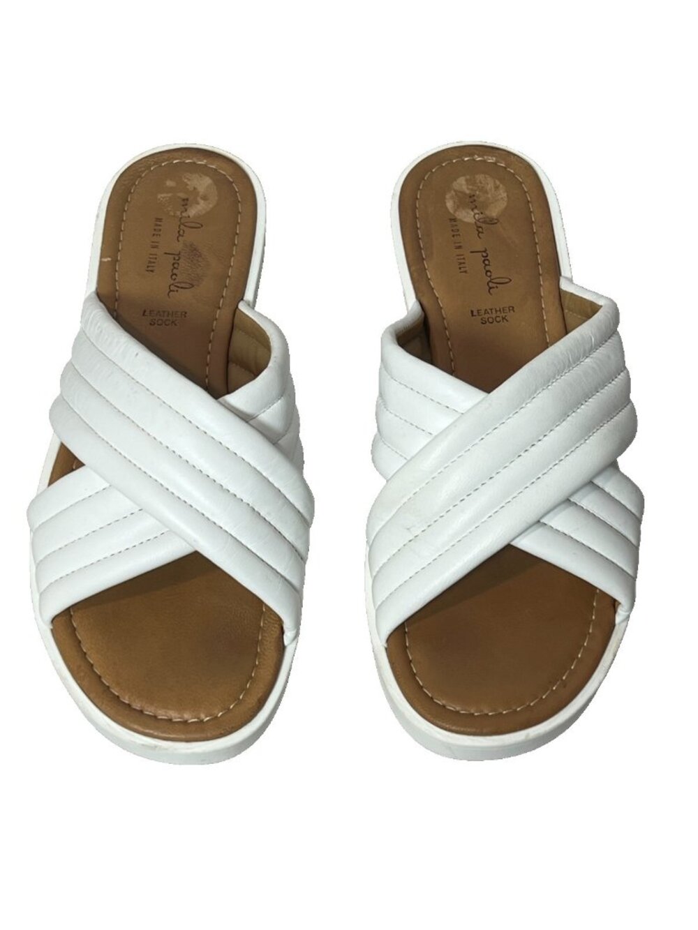 Mila Paoli Sandals Womens 9 White Leather Crossover Slide Slip On Sandals